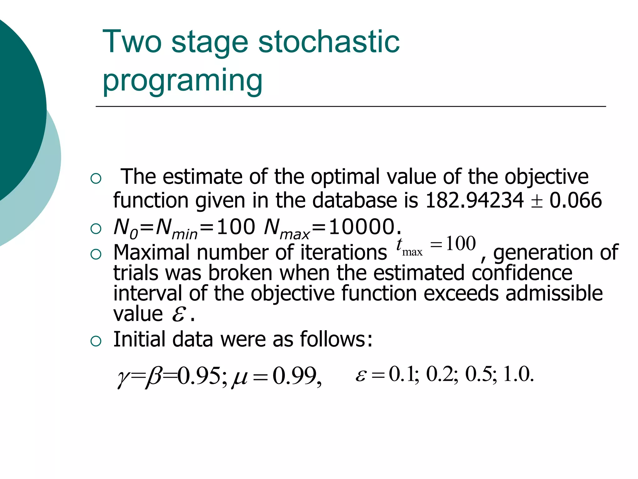Two stage stochastic
programing

    The estimate of the optimal value of the objective
    function given in the database is 182.94234  0.066
   N0=Nmin=100 Nmax=10000.
   Maximal number of iterations tmax  100 , generation of
    trials was broken when the estimated confidence
    interval of the objective function exceeds admissible
    value  .
   Initial data were as follows:
     = =0.95;   0.99,       0.1; 0.2; 0.5; 1.0.
 