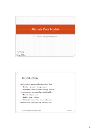 Attribute Data Models

                         GIS Database Management System




GE517
Engr. Ablao




      Introduction
     GIS involves both spatial and attribute data.
       Spatial – geometry of map features
       Attribute – characteristics of the map features
     Attribute data are normally stored in tables.
       Record or tuple – row
       Field or item – column
       Attribute intersection of row and column
       A ib – i            i   f       d l
     Data models relate spatial & attribute data.


      GE 517 Geographic Information System                8/20/2010




                                                                      1
 