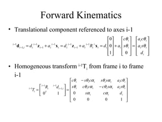 Forward Kinematics Translational component referenced to axes i-1 Homogeneous transform  i-1 T i  from frame i to frame i-1 