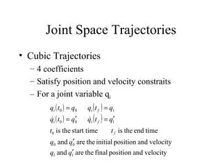 Joint Space Trajectories Cubic Trajectories 4 coefficients Satisfy position and velocity constraits For a joint variable q i   