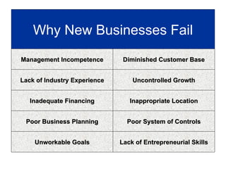 Why New Businesses Fail Management Incompetence Lack of Industry Experience Inadequate Financing Poor Business Planning Unworkable Goals Diminished Customer Base Uncontrolled Growth Inappropriate Location Poor System of Controls Lack of Entrepreneurial Skills 