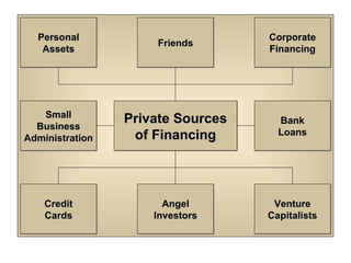 Corporate Financing Personal Assets Credit Cards Venture Capitalists Bank Loans Small Business Administration Private Sources of Financing Friends Angel Investors 