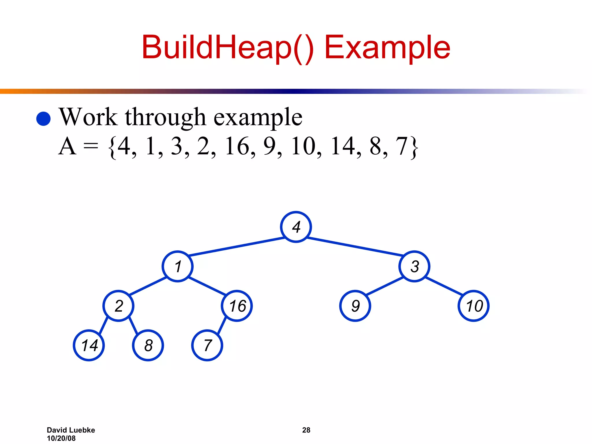 BuildHeap() Example Work through example A = {4, 1, 3, 2, 16, 9, 10, 14, 8, 7} 4 1 3 2 16 9 10 14 8 7 