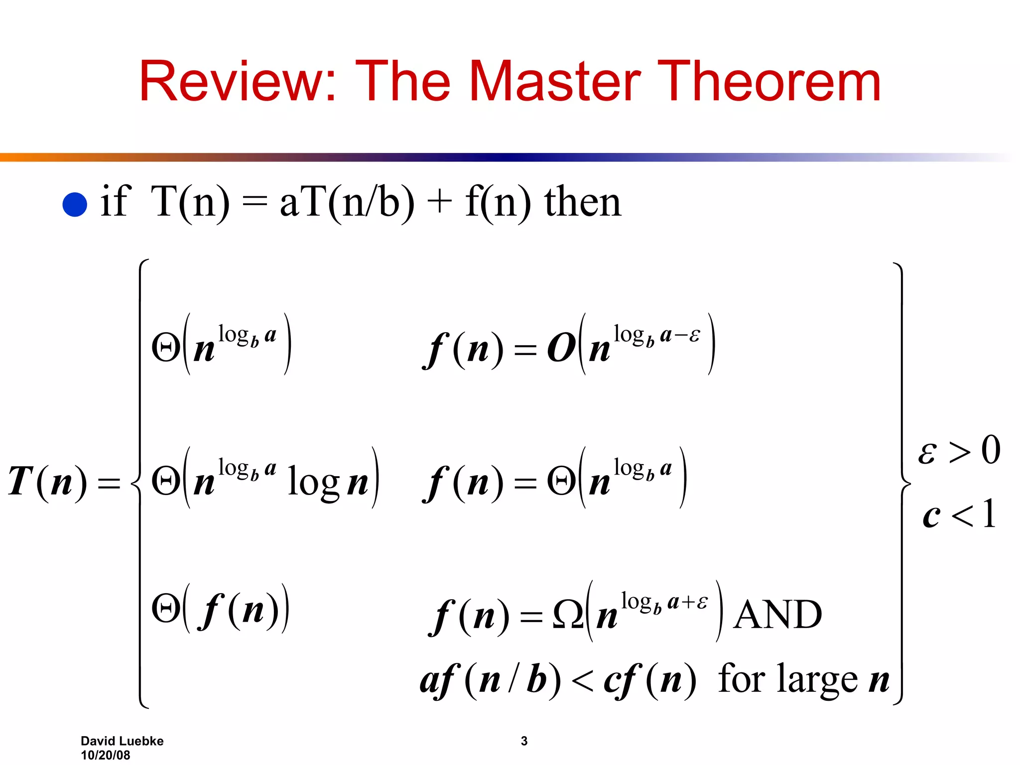 Review: The Master Theorem if  T(n) = aT(n/b) + f(n) then 