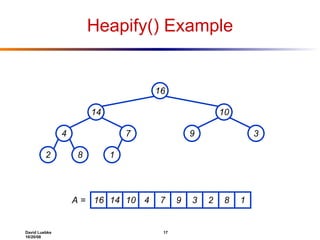 Heapify() Example 16 14 10 4 7 9 3 2 8 1 16 14 10 4 7 9 3 2 8 1 A = 