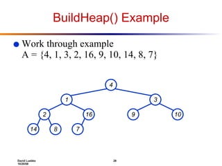BuildHeap() Example Work through example A = {4, 1, 3, 2, 16, 9, 10, 14, 8, 7} 4 1 3 2 16 9 10 14 8 7 