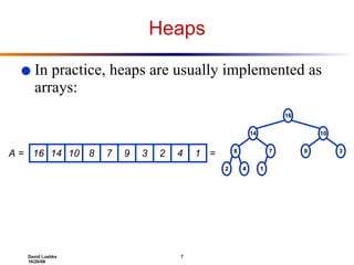Heaps In practice, heaps are usually implemented as arrays: 16 14 10 8 7 9 3 2 4 1 A = = 16 14 10 8 7 9 3 2 4 1 