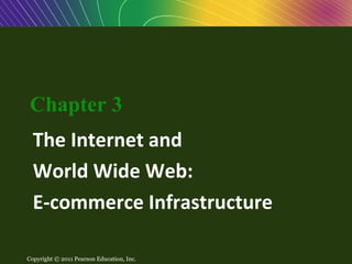 Chapter 3: The Internet and
     World Wide Web: E-commerce
            Infrastructure
   Chapter 3
    The Internet and
    World Wide Web:
    E-commerce Infrastructure

Copyright © © 2011 Pearson Education, Inc.
  Copyright 2011 Pearson Education, Inc.
            2007 Pearson Education, Inc.     Slide 1-1
 