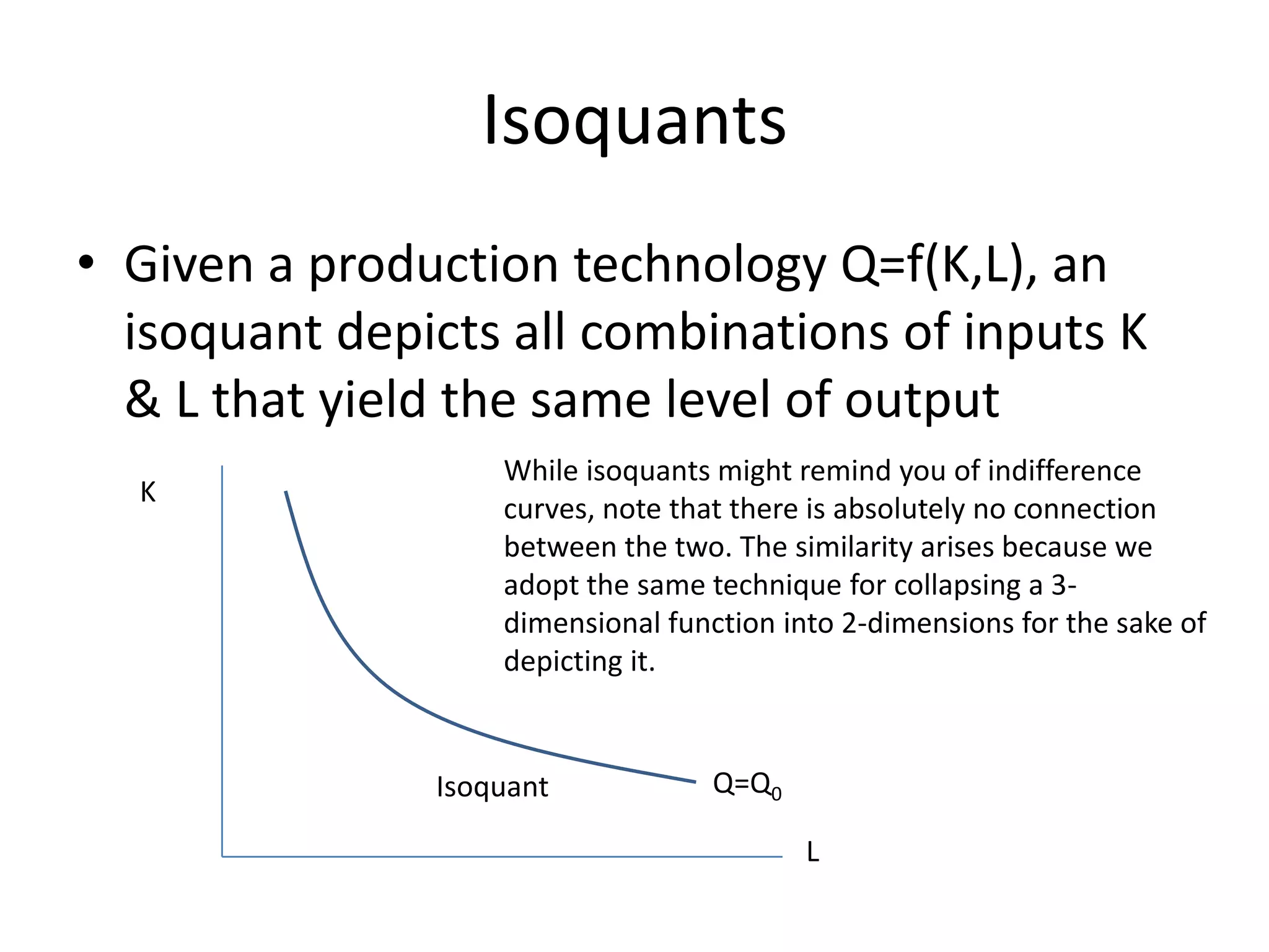 Isoquants
• Given a production technology Q=f(K,L), an
  isoquant depicts all combinations of inputs K
  & L that yield the same level of output
                   While isoquants might remind you of indifference
  K
                   curves, note that there is absolutely no connection
                   between the two. The similarity arises because we
                   adopt the same technique for collapsing a 3-
                   dimensional function into 2-dimensions for the sake of
                   depicting it.


               Isoquant            Q=Q0

                                          L
 
