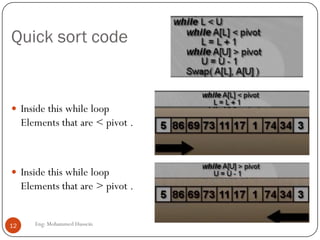 Quick sort code
Eng: Mohammed Hussein12
 Inside this while loop
Elements that are < pivot .
 Inside this while loop
Elements that are > pivot .
 