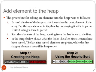 Add element to the heap
Eng: Mohammed Hussein27
 The procedure for adding an element into the heap runs as follows:
1. Expand the size of the heap so that it contains the next element of the
array. Put the new element in its place by exchanging it with its parent
while it is larger than its parent.
2. Sort the elements of the heap, starting from the last index to the first.
 In the image below shows what this looks like after nine elements have
been sorted.The last nine sorted elements are green, while the first
six gray elements are still in heap order.
 