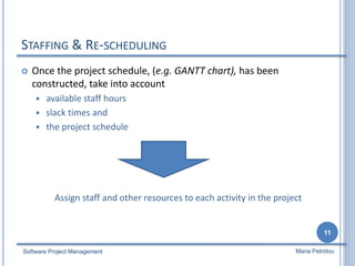 STAFFING & RE-SCHEDULING
 Once the project schedule, (e.g. GANTT chart), has been
constructed, take into account
 available staff hours
 slack times and
 the project schedule
Assign staff and other resources to each activity in the project
Software Project Management
11
Maria Petridou
 