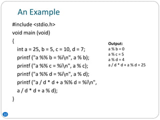 An Example
10
#include <stdio.h>
void main (void)
{
int a = 25, b = 5, c = 10, d = 7;
printf ("a %% b = %in", a % b);
printf ("a %% c = %in", a % c);
printf ("a %% d = %in", a % d);
printf ("a / d * d + a %% d = %in",
a / d * d + a % d);
}
Output:
a % b = 0
a % c = 5
a % d = 4
a / d * d + a % d = 25
 