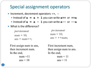 Special assignment operators
 Increment, decrement operators: ++, --
 Instead of a = a + 1 you can write a++ or ++a
 Instead of a = a - 1 you can write a-- or --a
 What is the difference?
num = 10;
ans = num++;
num = 10;
ans = ++num;
First increment num,
then assign num to ans.
In the end,
num = 11
ans = 11
First assign num to ans,
then increment num.
In the end,
num =11
ans = 10
post-increment pre-increment
15
 