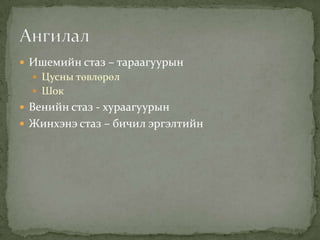  Ишемийн стаз – тараагуурын
 Цусны төвлөрөл
 Шок

 Венийн стаз - хураагуурын
 Жинхэнэ стаз – бичил эргэлтийн

 