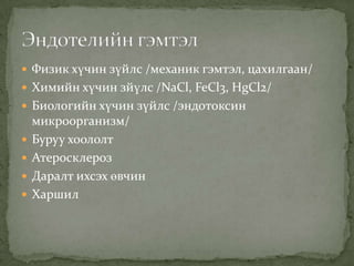  Физик хүчин зүйлс /механик гэмтэл, цахилгаан/
 Химийн хүчин зйүлс /NaCl, FeCl3, HgCl2/
 Биологийн хүчин зүйлс /эндотоксин






микроорганизм/
Буруу хоололт
Атеросклероз
Даралт ихсэх өвчин
Харшил

 