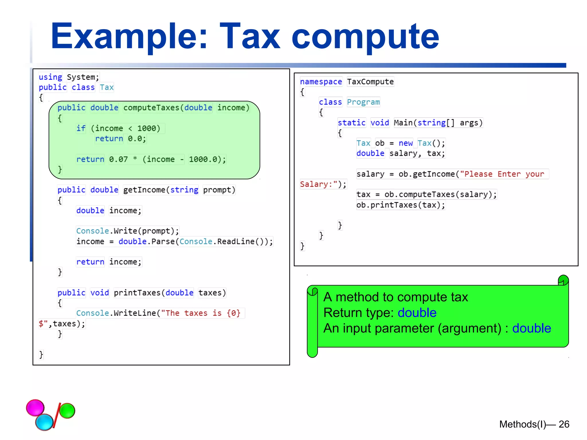 Example: Tax compute 
A method to compute tax 
Return type: double 
An input parameter (argument) : double 
Methods(I)— 26 
 