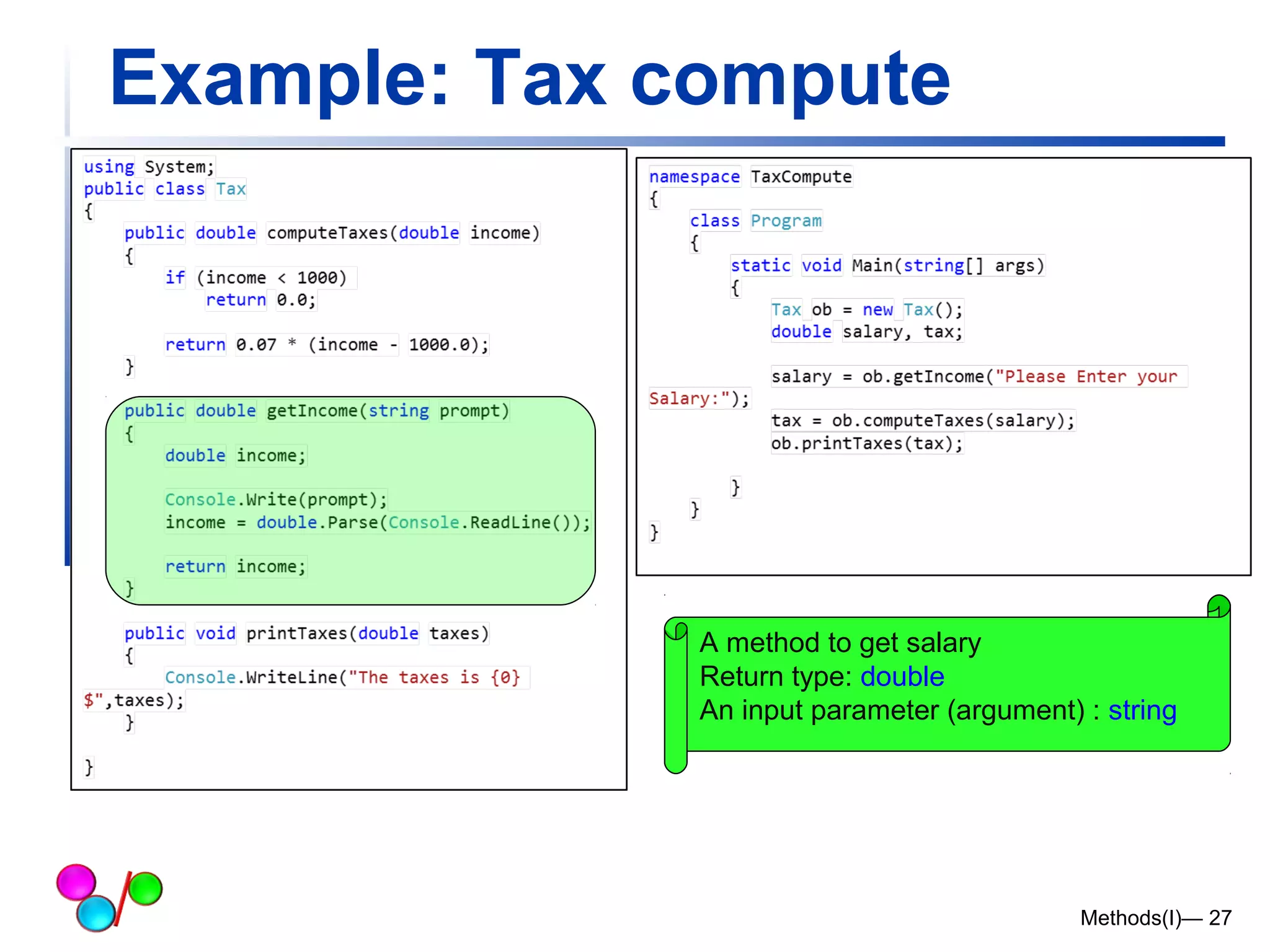 Example: Tax compute 
A method to get salary 
Return type: double 
An input parameter (argument) : string 
Methods(I)— 27 
 