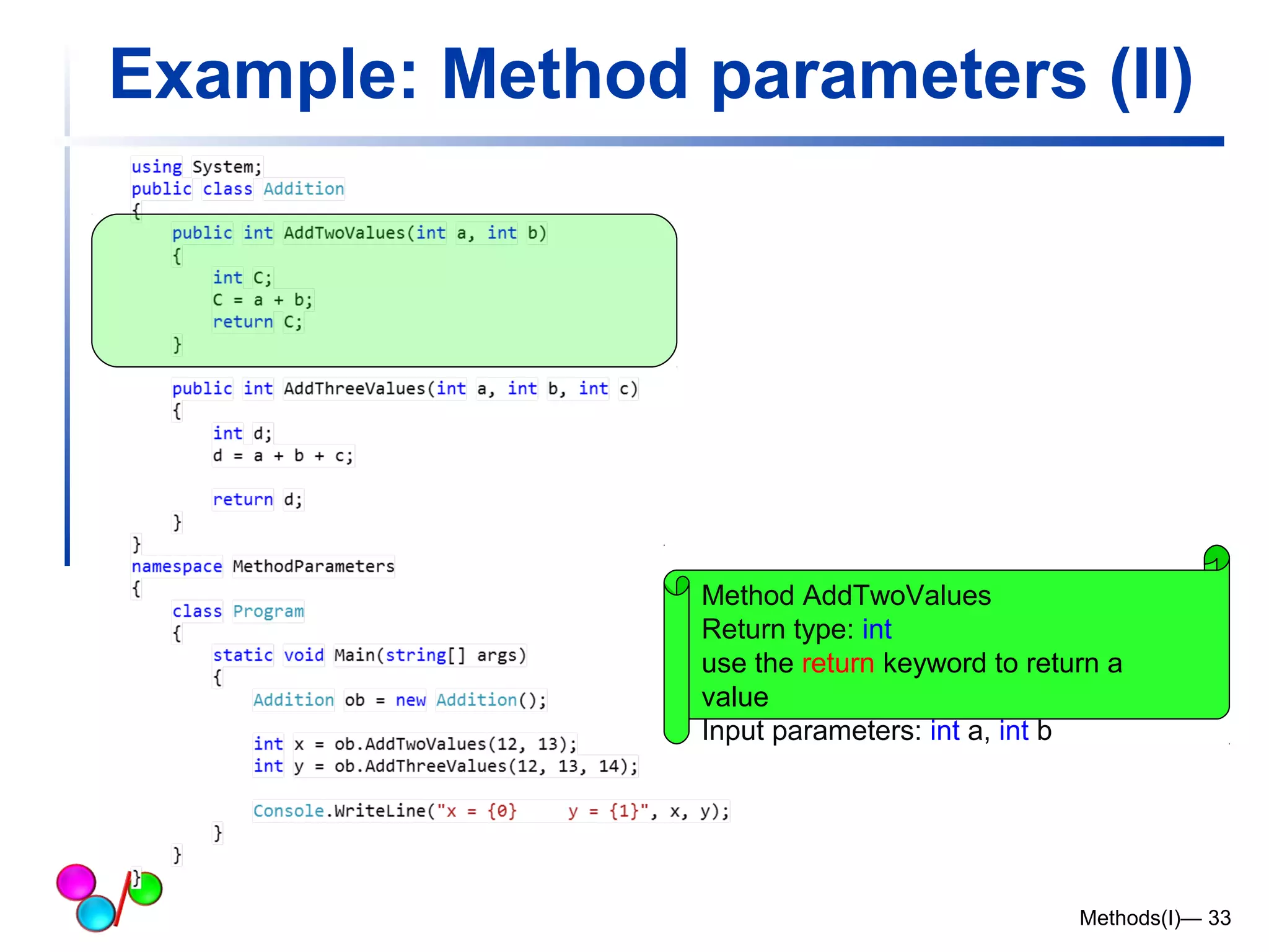 Example: Method parameters (II) 
Method AddTwoValues 
Return type: int 
use the return keyword to return a 
value 
Input parameters: int a, int b 
Methods(I)— 33 
 