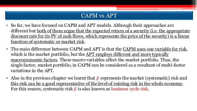 difference between capm and apt essay Introduction this essay is aim to compare and contrast the capm and apm as : from the apt, the arbitrage portfolio increase the expected return of portfolio. difference between capm and apt essay Introduction this essay is aim to compare and contrast the capm and apm as : from the apt, the arbitrage portfolio increase the expected return of portfolio.