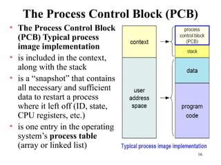 16
The Process Control Block (PCB)
• The Process Control Block
(PCB) Typical process
image implementation
• is included in the context,
along with the stack
• is a “snapshot” that contains
all necessary and sufficient
data to restart a process
where it left off (ID, state,
CPU registers, etc.)
• is one entry in the operating
system’s process table
(array or linked list)
 
