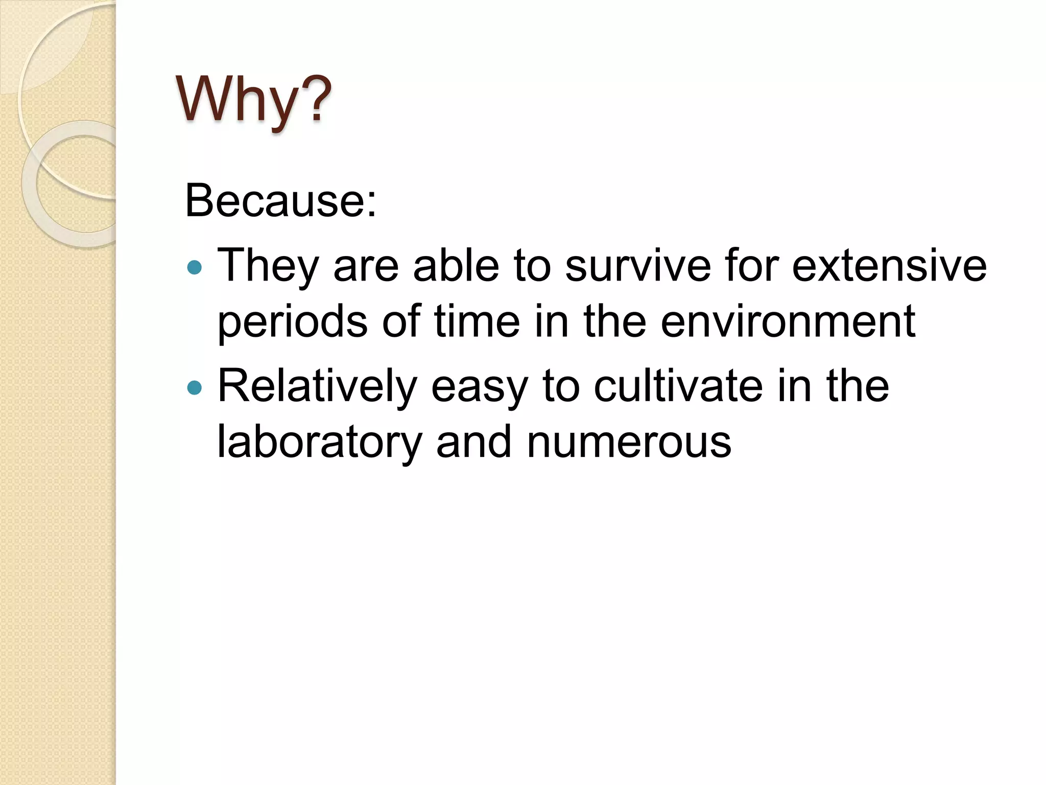 Why?
Because:
 They are able to survive for extensive
periods of time in the environment
 Relatively easy to cultivate in the
laboratory and numerous
 
