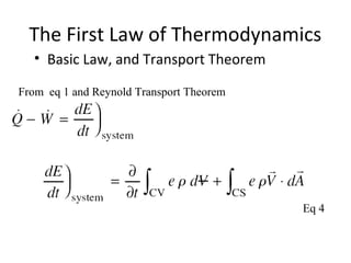 The First Law of Thermodynamics
• Basic Law, and Transport Theorem
From eq 1 and Reynold Transport Theorem
Eq 4
 