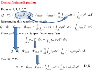 Control Volume Equation
From eq 1, 4, 5, 6,7
Rearranging this equation, we obtain
Since ρ=1/ν, where ν is specific volume, then
Eq 8
 
