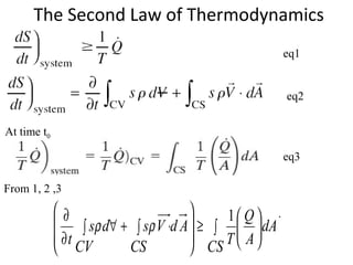 The Second Law of Thermodynamics
dA
A
Q
CS T
AdV
CS
sd
CV
s
t






∫≥








⋅∫+∀∫
∂
∂ 1
ρρ
.
At time t0
eq1
eq2
eq3
From 1, 2 ,3
 