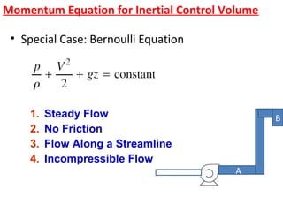 Momentum Equation for Inertial Control Volume
• Special Case: Bernoulli Equation
1. Steady Flow
2. No Friction
3. Flow Along a Streamline
4. Incompressible Flow
A
B
 