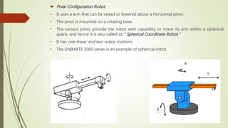  Polar Configuration Robot
• It uses a arm that can be raised or lowered about a horizontal pivot.
• The pivot is mounted on a rotating base.
• The various joints provide the robot with capability to move its arm within a spherical
space, and hence it is also called as “ Spherical Coordinate Robot.”
• It has one linear and two rotary motions.
• The UNIMATE 2000 series is an example of spherical robot.
 