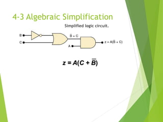 4-3 Algebraic Simplification
Simplified logic circuit.
z = A(C + B)
 