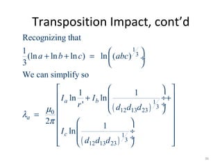Transposition Impact, cont’d
( )
( )
1
3
1
3
12 13 230
1
3
12 13 23
Recognizing that
1
(ln ln ln ) ln ( )
3
We can simplify so
1 1
ln ln
'
2
1
ln
a b
a
c
a b c abc
I I
r d d d
I
d d d
µ
λ
π
 + + =  ÷
 
  
  ÷+ +
 ÷  
=  
  
 ÷ 
 ÷   
36
 