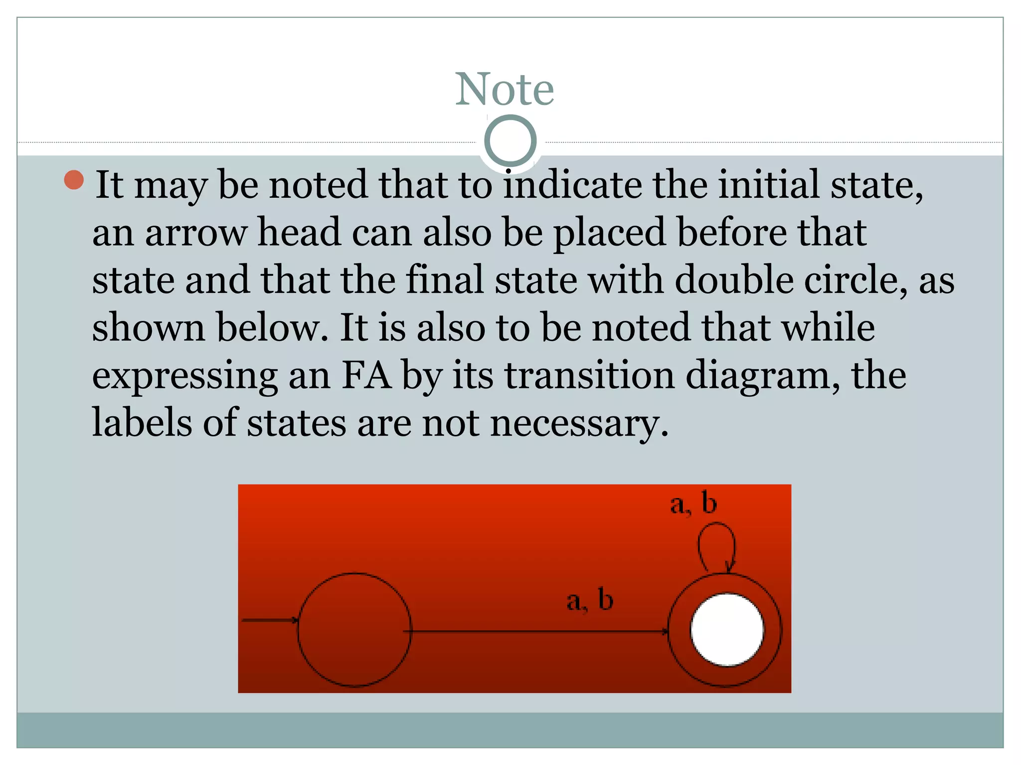 Note
It may be noted that to indicate the initial state,
an arrow head can also be placed before that
state and that the final state with double circle, as
shown below. It is also to be noted that while
expressing an FA by its transition diagram, the
labels of states are not necessary.
 
