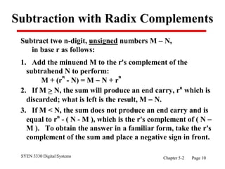 SYEN 3330 Digital Systems Chapter 5-2 Page 10
Subtraction with Radix Complements
Subtract two n-digit, unsigned numbers M  N,
in base r as follows:
1. Add the minuend M to the r's complement of the
subtrahend N to perform:
M + (r
n
- N) = M  N + r
n
2. If M  N, the sum will produce an end carry, rn
which is
discarded; what is left is the result, M  N.
3. If M < N, the sum does not produce an end carry and is
equal to rn
- ( N - M ), which is the r's complement of ( N 
M ). To obtain the answer in a familiar form, take the r's
complement of the sum and place a negative sign in front.
 