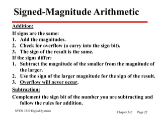 SYEN 3330 Digital Systems Chapter 5-2 Page 22
Signed-Magnitude Arithmetic
Addition:
If signs are the same:
1. Add the magnitudes.
2. Check for overflow (a carry into the sign bit).
3. The sign of the result is the same.
If the signs differ:
1. Subtract the magnitude of the smaller from the magnitude of
the larger.
2. Use the sign of the larger magnitude for the sign of the result.
3. Overflow will never occur.
Subtraction:
Complement the sign bit of the number you are subtracting and
follow the rules for addition.
 