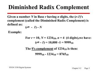 SYEN 3330 Digital Systems Chapter 5-2 Page 3
Diminished Radix Complement
Given a number N in Base r having n digits, the (r-1)'s
complement (called the Diminished Radix Complement) is
defined as:
(rn - 1) - N
Example:
For r = 10, N = 123410, n = 4 (4 digits),we have:
(rn - 1) = 10,000 -1 = 999910
The 9's complement of 123410 is then:
999910 - 123410 = 876510
 