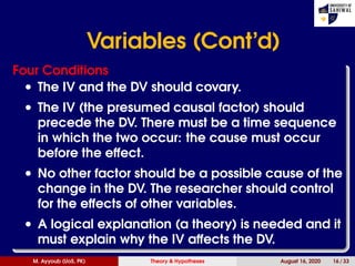Variables (Cont’d)
Four Conditions
• The IV and the DV should covary.
• The IV (the presumed causal factor) should
precede the DV. There must be a time sequence
in which the two occur: the cause must occur
before the effect.
• No other factor should be a possible cause of the
change in the DV. The researcher should control
for the effects of other variables.
• A logical explanation (a theory) is needed and it
must explain why the IV affects the DV.
M. Ayyoub (UoS, PK) Theory & Hypotheses August 16, 2020 16 / 33
 