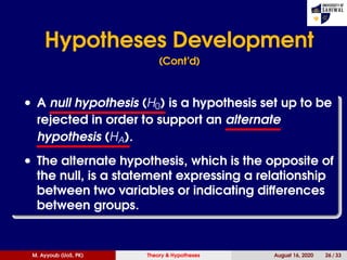 Hypotheses Development
(Cont’d)
• A null hypothesis (H0) is a hypothesis set up to be
rejected in order to support an alternate
hypothesis (HA).
• The alternate hypothesis, which is the opposite of
the null, is a statement expressing a relationship
between two variables or indicating differences
between groups.
M. Ayyoub (UoS, PK) Theory & Hypotheses August 16, 2020 26 / 33
 