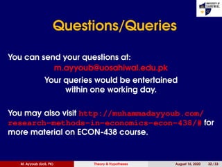 Questions/Queries
You can send your questions at:
m.ayyoub@uosahiwal.edu.pk
Your queries would be entertained
within one working day.
You may also visit http://muhammadayyoub.com/
research-methods-in-economics-econ-438/# for
more material on ECON-438 course.
M. Ayyoub (UoS, PK) Theory & Hypotheses August 16, 2020 32 / 33
 