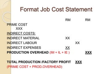 Format Job Cost Statement
RM RM
PRIME COST
XXX
INDIRECT COSTS:
INDIRECT MATERIAL XX
INDIRECT LABOUR XX
INDIRECT EXPENSES XX
PRODUCTION OVERHEAD (IM + IL + IE ) XXX
TOTAL PRODUCTION /FACTORY PROFIT XXX
(PRIME COST + PROD.OVERHEAD)
 