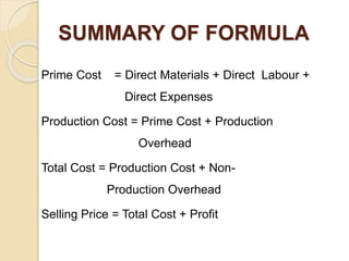 SUMMARY OF FORMULA
Prime Cost = Direct Materials + Direct Labour +
Direct Expenses
Production Cost = Prime Cost + Production
Overhead
Total Cost = Production Cost + Non-
Production Overhead
Selling Price = Total Cost + Profit
 