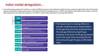 Indian market deregulation…
• Currently, the gas produced in India has a variety of different prices at the wellhead and the pricing is primarily segmented under three broad
regimes: Nomination regime (also known as the Administered Pricing Mechanism or ‘APM’), Discovered Fields regime (also known as the Pre-
New Exploration Licensing Policy regime or ‘Pre-NELP’), and the New Exploration Licensing Policy (NELP).
▪ The Government is making efforts to
provide marketing and pricing freedom
to the gas that would be produced from
the new gas field ensuring the gas
produces a fair price of the gas produced
and at the same time ensuring that the
end consumers get the gas at affordable
rates
 