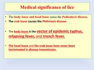 Medical significance of lice
• The body louse and head louse cause the Pediculosis disease.
• The crab louse causes the Phthiriasis disease.
• The body louse is the vector of epidemic typhus,
relapsing fever, and trench fever.
• The head louse and the crab louse have never been
incriminated in disease transmission.
 