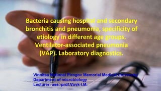 Vinnitsa National Pirogov Memorial Medical University/
Department of microbiology
Lecturer: ass.-prof.Vovk I.M.
Bacteria causing hospital and secondary
bronchitis and pneumonia, specificity of
etiology in different age groups.
Ventilator-associated pneumonia
(VAP). Laboratory diagnostics.
 