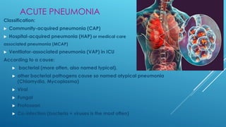 ACUTE PNEUMONIA
Classification:
▶ Community-acquired pneumonia (CAP)
▶ Hospital-acquired pneumonia (HAP) or medical care
a...