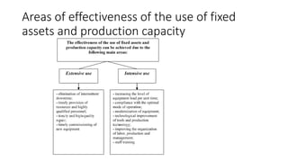 Areas of effectiveness of the use of fixed
assets and production capacity
 