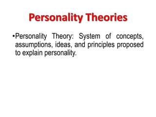 •Personality Theory: System of concepts,
assumptions, ideas, and principles proposed
to explain personality.
 