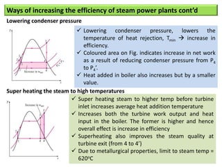 Ways of increasing the efficiency of steam power plants cont’d
Lowering condenser pressure
 Lowering condenser pressure, lowers the
temperature of heat rejection, Tmin  increase in
efficiency.
 Coloured area on Fig. indicates increase in net work
as a result of reducing condenser pressure from P4
to P4’.
 Heat added in boiler also increases but by a smaller
value.
Super heating the steam to high temperatures
 Super heating steam to higher temp before turbine
inlet increases average heat addition temperature
 Increases both the turbine work output and heat
input in the boiler. The former is higher and hence
overall effect is increase in efficiency
 Superheating also improves the steam quality at
turbine exit (from 4 to 4’)
 Due to metallurgical properties, limit to steam temp =
620oC
 