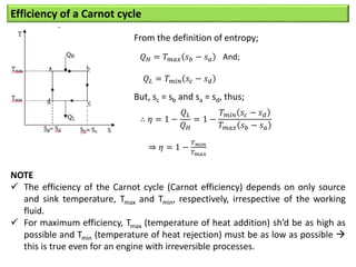 Efficiency of a Carnot cycle
From the definition of entropy;
And;
𝑄𝐻 = 𝑇𝑚𝑎𝑥 𝑠𝑏 − 𝑠𝑎
𝑄𝐿 = 𝑇𝑚𝑖𝑛 𝑠𝑐 − 𝑠𝑑
But, sc = sb and sa = sd, thus;
∴ 𝜂 = 1 −
𝑄𝐿
𝑄𝐻
= 1 −
𝑇𝑚𝑖𝑛 𝑠𝑐 − 𝑠𝑑
𝑇𝑚𝑎𝑥 𝑠𝑏 − 𝑠𝑎
⇒ 𝜂 = 1 −
𝑇𝑚𝑖𝑛
𝑇𝑚𝑎𝑥
NOTE
 The efficiency of the Carnot cycle (Carnot efficiency) depends on only source
and sink temperature, Tmax and Tmin, respectively, irrespective of the working
fluid.
 For maximum efficiency, Tmax (temperature of heat addition) sh’d be as high as
possible and Tmin (temperature of heat rejection) must be as low as possible 
this is true even for an engine with irreversible processes.
 